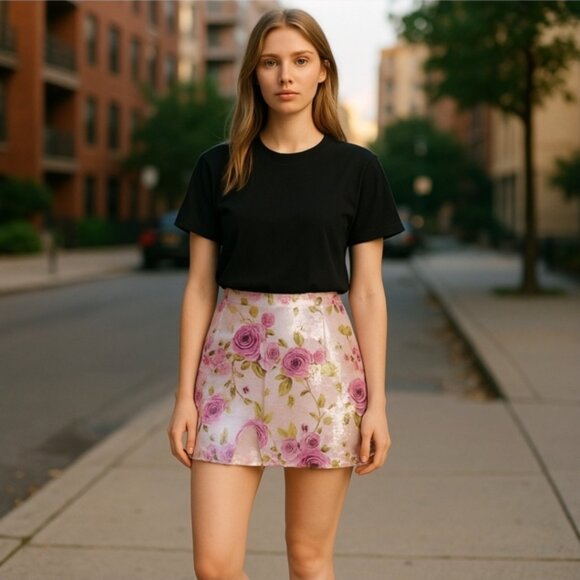 Treasure The Funk ✦ Pink Rose Mini Skirt ✦ Sparkly Bodycon High Waist Metallic M - Picture 1 of 13
